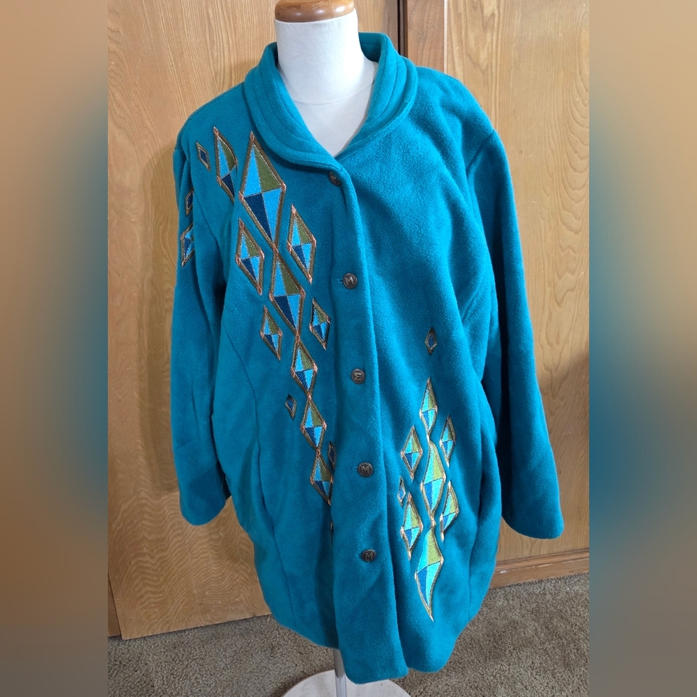 BOB MACKIE 90's VTG Teal Geometric Button-Up Coat SZ 1X